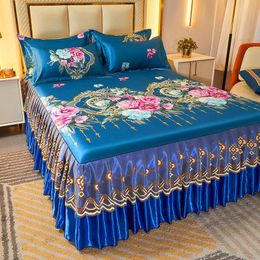 Faldón de cama 2 3 Buah Seprai Klasik Renda Biru Royal Rok Tempat Tidur Dapat Dicuci dengan Mesin Pita Elastis untuk Ukuran King Queen 230905