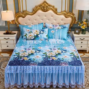 Falda de cama 3 piezas Colcha Royal de lujo Fresca Falda de cama de doble capa Sábanas lavables a máquina Cama con banda elástica para cama Queen King Size 230510