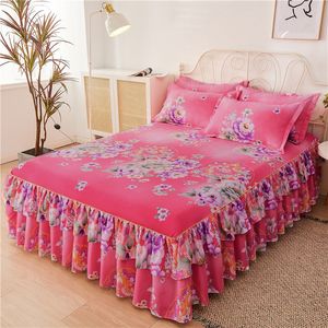 Falda de cama 3PcsSet Falda de cama con 2 piezas Fundas de almohada Colcha de boda Sábana Funda de colchón Full Twin Queen King Size Sábanas Románticas 230223