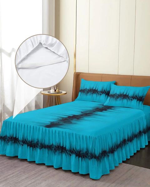 Jupe de lit, couvre-lit élastique, bleu, noir, encre abstraite, avec taies d'oreiller, protection, housse de matelas, ensemble de literie, drap