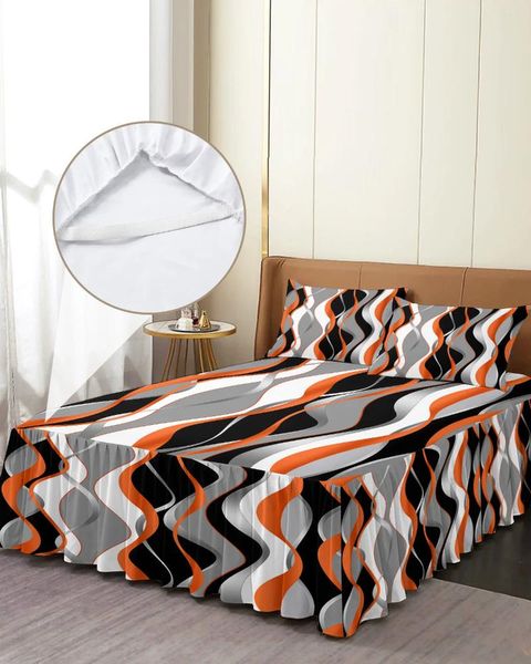 Falda de cama con líneas abstractas, colcha ajustada elástica naranja degradado con fundas de almohada, Funda de colchón, Sábana