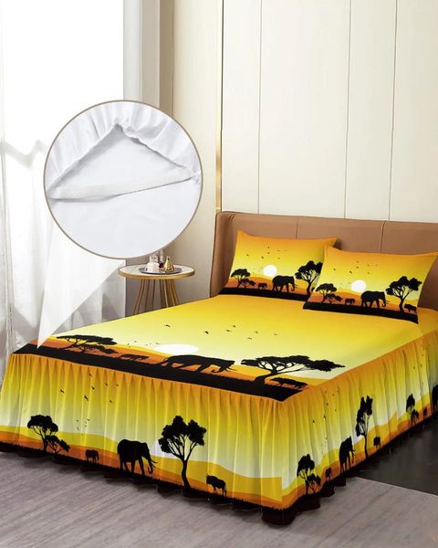Jupe de lit Africain Sunset Landscape Animal Elephant Silhouette Adapté lit avec taies d'oreiller Mattress à la litière de litière