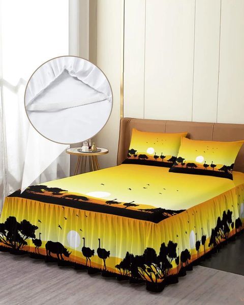 Jupe de lit Africain Sunset Landscape Autruche Rhinocéros Silhouette couvre-lit avec taies d'oreiller