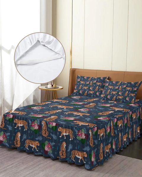 Jupe de lit, motif animaux, tigre, fleurs, plantes, couvre-lit élastique avec taies d'oreiller, housse de matelas, ensemble de literie, drap