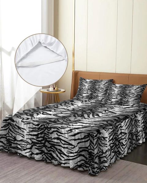 Falda de cama, colcha ajustada elástica con fundas de almohada, Funda de colchón, Sábana, color blanco y negro, piel de tigre Animal