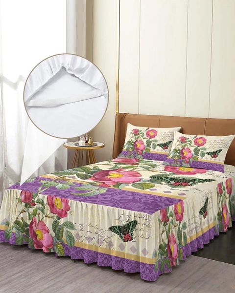 Falda de cama, colcha elástica con fundas de almohada, Funda de colchón, Sábana, planta antigua, flor, mariposa