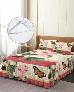 Falda de cama planta antigua flor rosa mariposa colcha equipada con fundas de almohada Funda de colchón juego de cama sábana