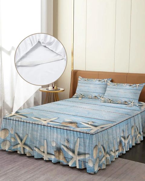 Falda de cama con textura de madera azul, colcha elástica con fundas de almohada, Funda de colchón, Sábana