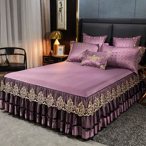 Bed Skirt Bed Skirt Luxury Lace Embroidery Bed Spreads Set Home Bed Decoration Skirt Rayon Mat Euro Bed Linen Bed Skirts Queen King Size 230510