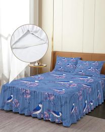 Jupe de lit oiseaux sur Branches de fleurs de prunier, couvre-lit élastique avec taies d'oreiller, housse de matelas, ensemble de literie, drap