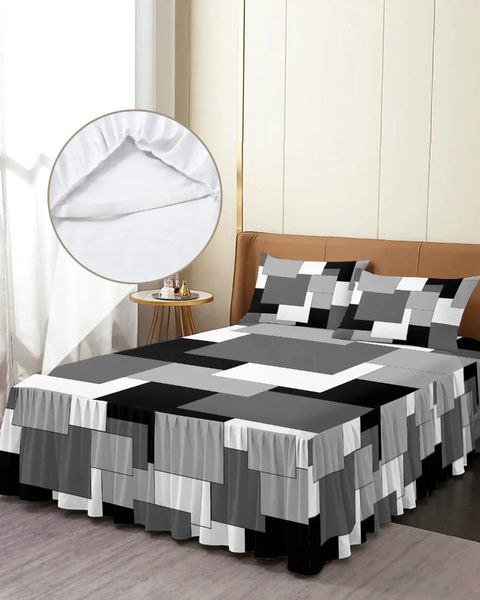 Falda de cama, colcha ajustada elástica de arte abstracto de retazos en negro y gris con fundas de almohada, Funda de colchón, Sábana