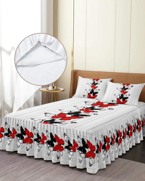 Falda de cama, colcha ajustada elástica con fundas de almohada, Funda de colchón, Sábana, color negro, rojo, mariposa, grano de madera