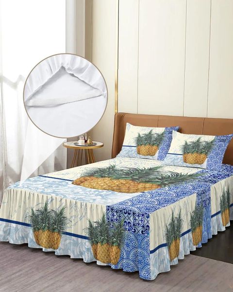 Falda de cama con textura de porcelana azul y blanca, cubrecamas ajustado con piña con fundas de almohada, Funda de colchón, Sábana