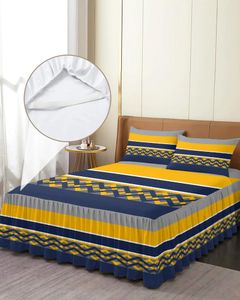 Jupe de lit bleu jaune gris rayé lignes géométriques couvre-lit ajusté avec taies d'oreiller housse de matelas ensemble de literie drap