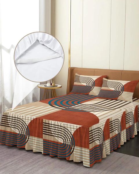 Jupe de lit style Boho, couvre-lit élastique géométrique abstrait avec taies d'oreiller, housse de protection de matelas, ensemble de literie, drap