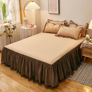 Jupe de lit Bonenjoy 1 pièce jupe de lit avec mousseline de soie couleur unie kaki couvre-lit jupe de lit décorative simple/Queen/King Size jupes de lit 230314