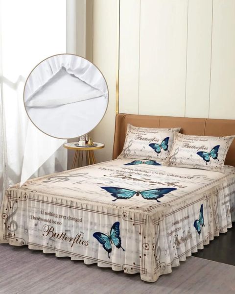 Jupe de lit papillon rétro Note de musique, couvre-lit élastique Vintage avec taies d'oreiller, housse de matelas, ensemble de literie, drap