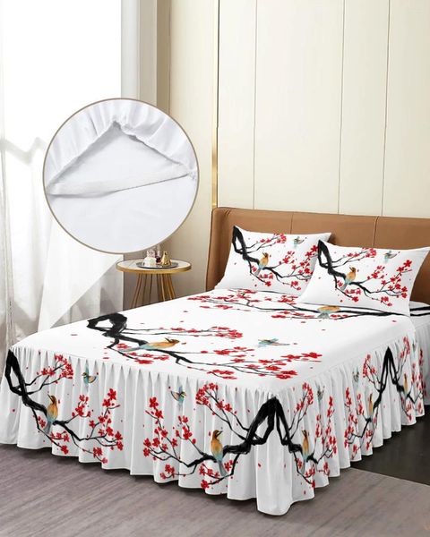Jupe de lit Style chinois fleur oiseau, couvre-lit élastique avec taies d'oreiller, housse de protection de matelas, ensemble de literie, drap