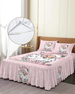 Jupe de lit noël père noël flocon de neige rose, couvre-lit élastique avec taies d'oreiller, housse de matelas, ensemble de literie, drap
