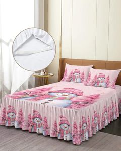 Jupe de lit bonhomme de neige de noël, arbre rose, couvre-lit élastique avec taies d'oreiller, housse de matelas, ensemble de literie, drap
