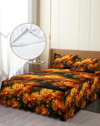 Jupe de lit chrysanthème fleur, couvre-lit ajusté élastique avec taies d'oreiller, housse de protection de matelas, ensemble de literie, drap