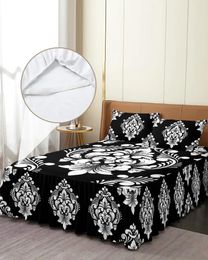 Jupe de lit classique de luxe Vintage damassé, couvre-lit ajusté avec taies d'oreiller, noir et blanc, ensemble de literie, drap
