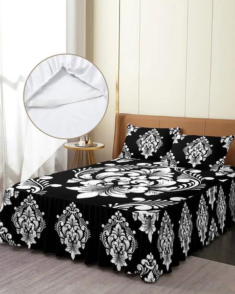 Falda de cama clásica de lujo Vintage Damasco, colcha ajustable en blanco y negro con fundas de almohada, Funda de colchón, juego de sábanas