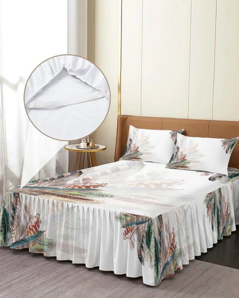 Jupe de lit avec plumes colorées d'animaux mignons, couvre-lit élastique avec taies d'oreiller, housse de matelas, ensemble de literie, drap