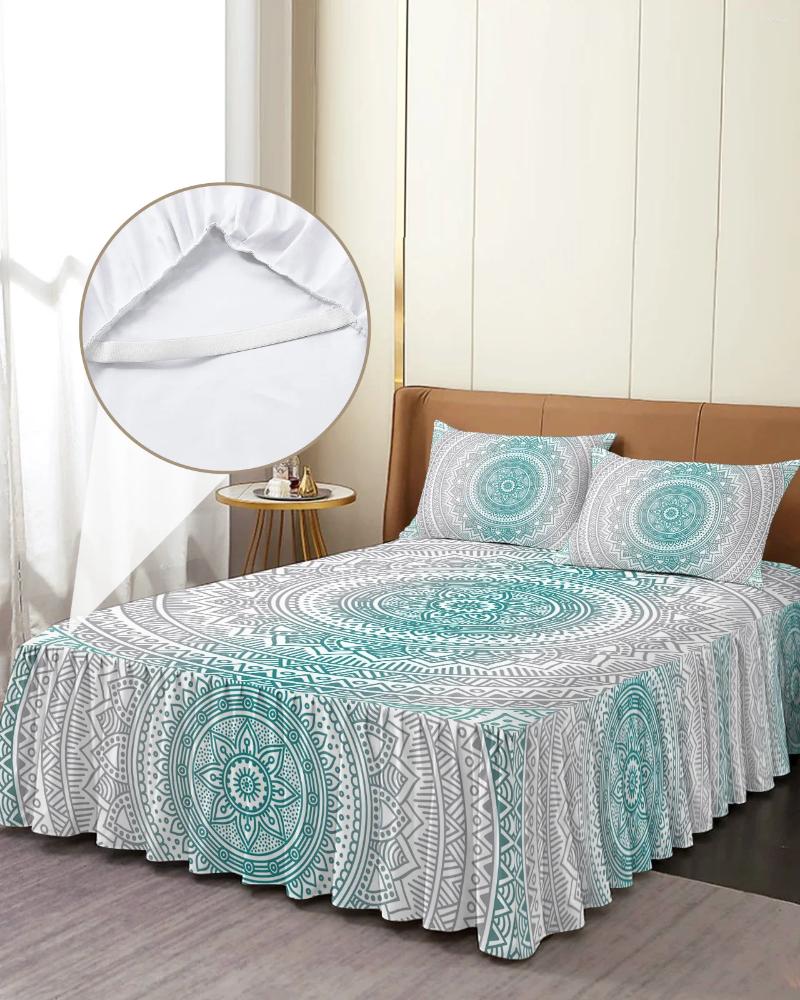 Jupe de lit Cyan Mandala Géométrique Gradient élastique Ajuste lit avec taies d'oreiller Mattress à la litière de litière