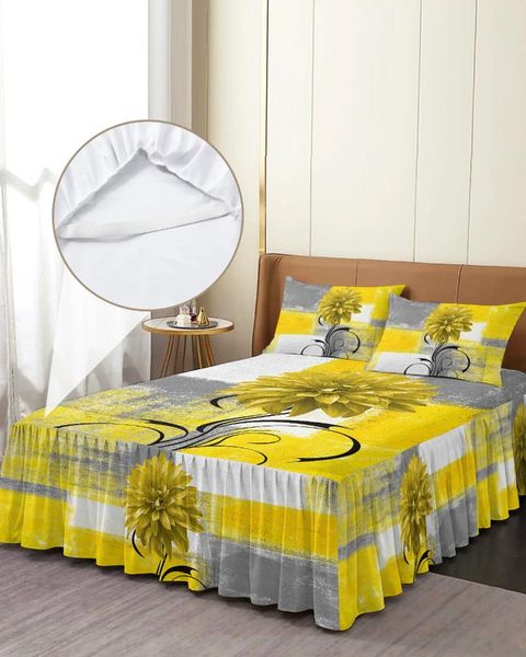 Falda de cama pintura al óleo de Dalia textura abstracta planta flor amarilla colcha equipada con fundas de almohada Funda de colchón juego de cama