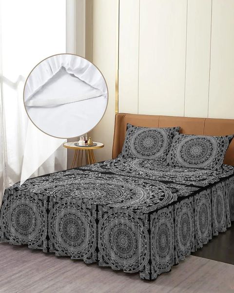 Falda de cama Datura, Mandala antiguo, flor bohemia, colcha negra ajustada con fundas de almohada, Funda de colchón, juego de sábanas