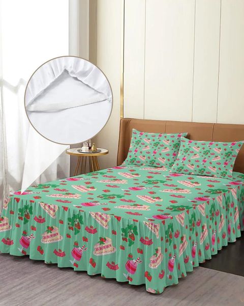 Falda de cama, colcha ajustada elástica verde con pastel de fresa delicioso, con fundas de almohada, Funda de colchón, Sábana