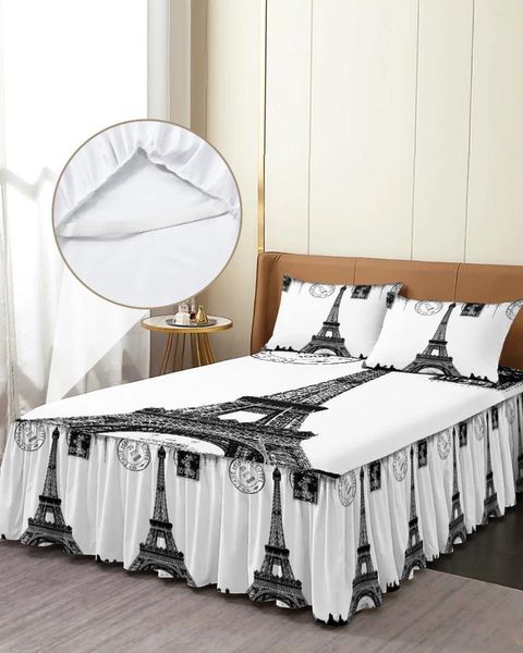 Falda de cama con estampado Retro de la Torre Eiffel, colcha ajustada en blanco y negro con fundas de almohada, Funda de colchón, Sábana