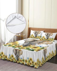 Jupe de lit en forme d'éléphant et de tournesol, couvre-lit élastique blanc avec taies d'oreiller, housse de matelas, ensemble de literie, drap