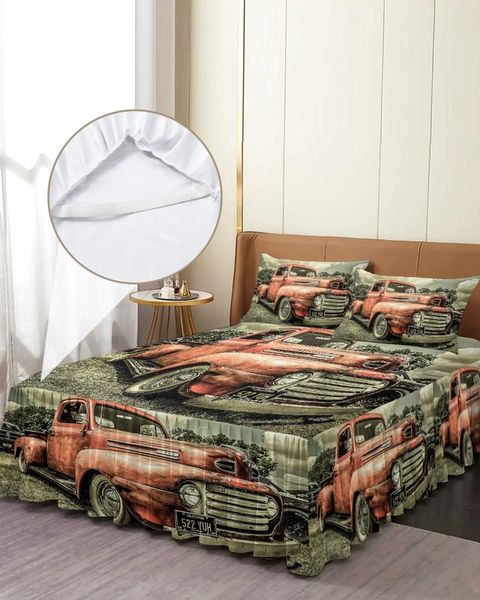 Jupe de lit ferme rétro Antique voiture, couvre-lit élastique avec taies d'oreiller, housse de protection de matelas, ensemble de literie, drap