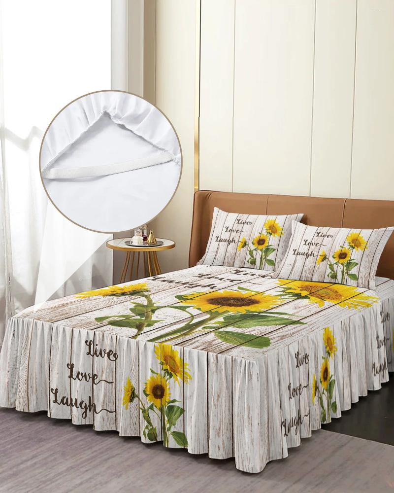 Yatak etek çiftliği rustik vintage ahşap doku ayçiçeği pilowcases ile yatak yatak örtüsü yatak kapak yatak seti sayfası