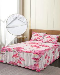 Jupe de lit flamant rose aquarelle, couvre-lit élastique avec taies d'oreiller, housse de matelas, ensemble de literie, drap