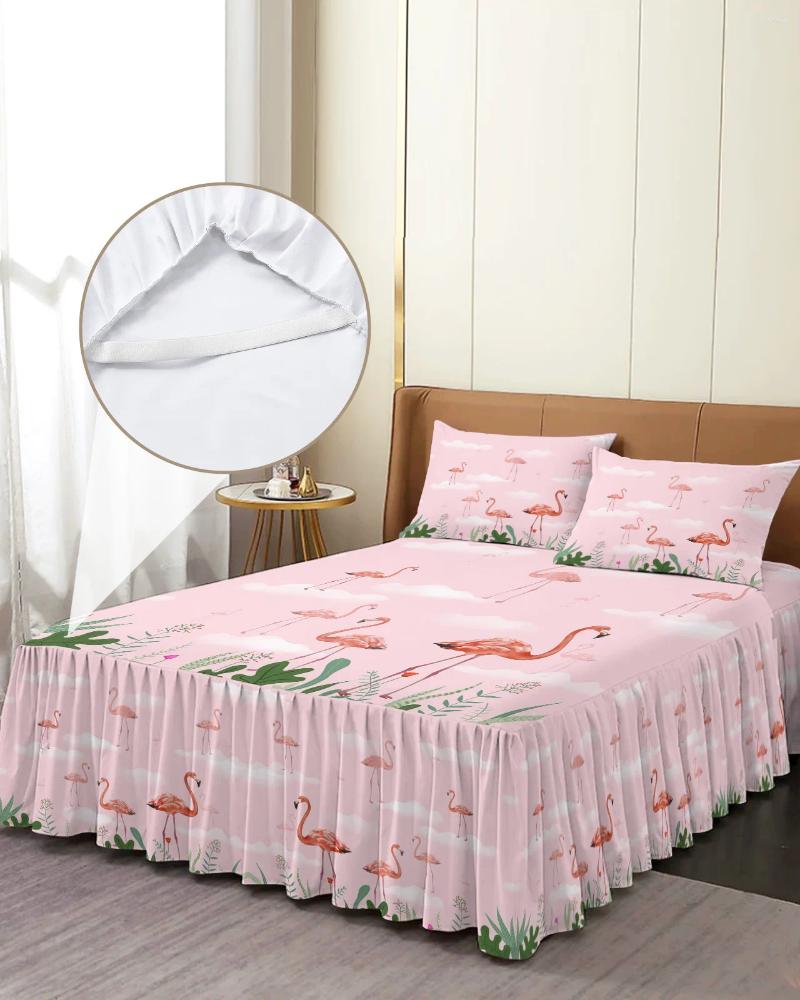 Saia de cama flamingo rosa nuvem flores colcha elástica com fronhas capa de colchão conjunto de cama lençol