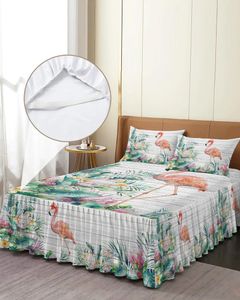 Jupe de lit flamant rose plante tropicale bois couvre-lit ajusté élastique avec taies d'oreiller housse de matelas ensemble de literie drap