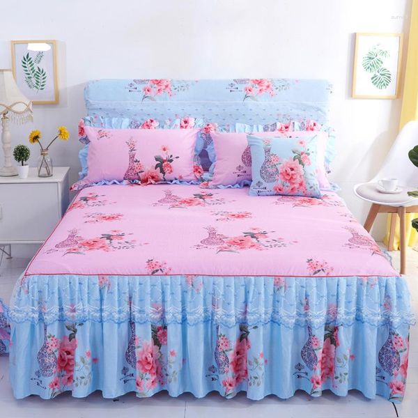 Falda De Cama Faldas Florales para El Hogar Lijado Elegante Encaje Decorado Dormitorio Funda De Colchón Antideslizante Colchas De Dos Capas