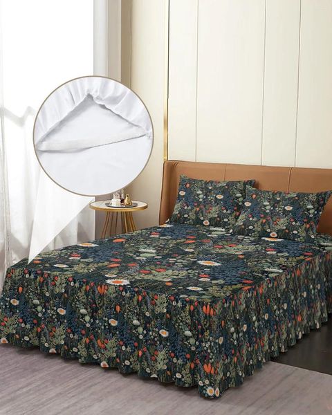 Jupe de lit fleurs feuilles chrysanthèmes, couvre-lit élastique avec taies d'oreiller, housse de matelas, ensemble de literie, drap