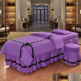 Jupe de lit en quatre pièces ensemble de taboure d'oreiller en coton couette master lit avec patio face noix papillon à la maison textile rose violet gouttes