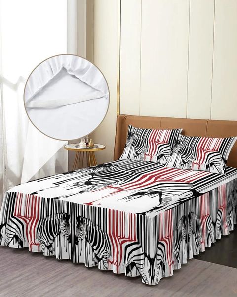 Falda de cama con pintura de cebra, colcha ajustada con fundas de almohada, Funda de colchón, Sábana, color negro, blanco y rojo