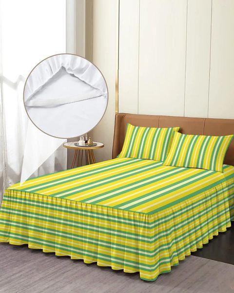 Jupe de lit géométrique à rayures jaunes et vertes, couvre-lit élastique avec taies d'oreiller, housse de matelas, ensemble de literie, drap