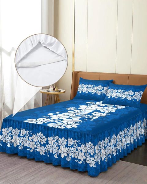 Jupe de lit à fleurs tropicales hawaïennes, couvre-lit élastique bleu avec taies d'oreiller, housse de matelas, ensemble de literie, drap