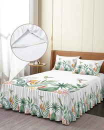 Falda de la cama Idílica planta tropical Hoja colibrí colgada elástica colcha con fundas de almohada sábana de cama de tapa