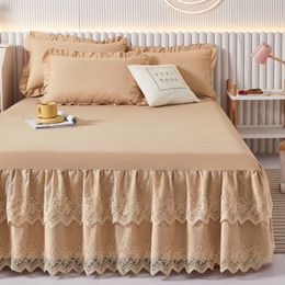 Jupe de lit Style coréen couvre-lit simple princesse jupe de lit trois couches dentelle décor filles lit adultes Beige couvre-lit feuille maison # / w 230314