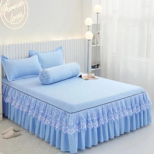 Faletón de cama Ruffles de estilo coreano con funda de almohada Cubierta sólida Cubierta de cama Hoja ajustada Textil de casas de doble tamaño