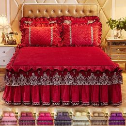 Falda de cama, ropa de cama de encaje, princesa Beige, 1 par de fundas de almohada, funda de tres piezas, colchas dobles