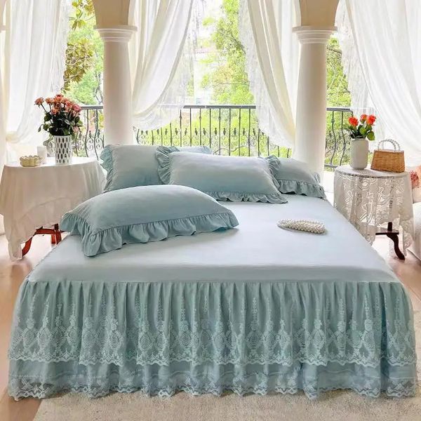 Jupe de lit en dentelle lavée, ensemble de draps simples et doubles, couvre-matelas solide brodé, couvre-lit de style princesse, taie d'oreiller, 231023